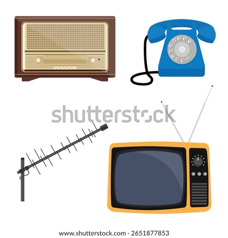 Retro, vintage, old electronic devices set: phone, radio, TV, and antenna. Old-fashioned, retro-styled, obsolete technology. Vector icon set, collection.