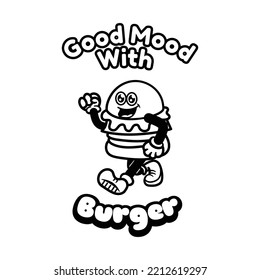 retro vintage old t-shirt design themed good mood with burger coloring book