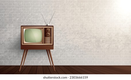 Retro vintage old tv realistic composition with indoor view of room with brick wall and television vector illustration