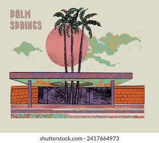 retro vintage palm spring resort vector design, california summer beach resort motel vector illustration, palm island artwork for t shirt, sticker, poster, graphic print