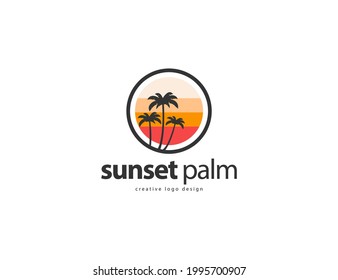 Retro vintage palm tree logo design. sunset and palm logotype template