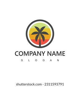 Retro vintage palm tree logo design. sunset and palm logo template