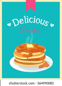 retro vintage pancake poster illustration with fresh tasty hot realistic pancakes with sweet maple syrup handwritten chalk delicious text sign and hearts drawing with blue background and pink ribbon