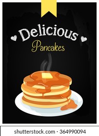 retro vintage pancake poster illustration with fresh tasty hot realistic pancakes with sweet maple syrup chalk delicious text sign and hearts drawing blackboard background and pink ribbon
