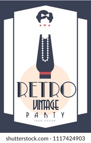 Retro vintage party logo design, element with elegant lady for poster, banner, flyer, card, brochure, invitation card vector Illustration