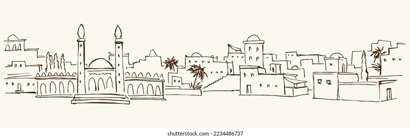 Retro vintage past bible jew age rural orient country Medina palm tree urban scene text place white sky scenic view. Outline hand draw Iran Iraq Oman tower travel sketch line cartoon biblic art vector