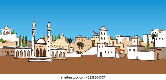 Retro vintage past bible jew age rural orient country Medina palm tree urban scene text place white sky scenic view. Outline hand draw Iran Iraq Oman tower travel sketch line cartoon biblic art vector