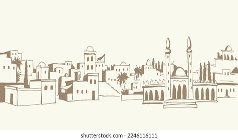 Retro vintage past bible jew age rural orient country Medina palm tree urban scene text place white sky scenic view. Outline hand draw Iran Iraq Oman tower travel sketch line cartoon biblic art vector