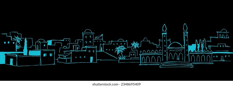 Retro vintage past bible jew age rural orient country Medina palm tree urban scene text place white sky scenic view. Outline hand draw Iran Iraq Oman tower travel sketch line cartoon biblic art vector