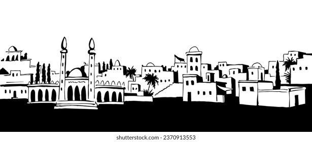 Retro vintage past bible jew age rural orient country Medina palm tree urban scene text place white sky scenic view. Outline hand draw Iran Iraq Oman tower travel sketch line cartoon biblic art vector