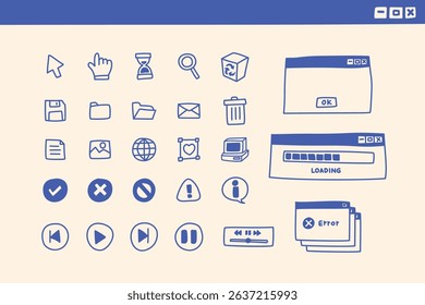 Retro Vintage PC computer desktop interface icons and ui ux doodles digital object