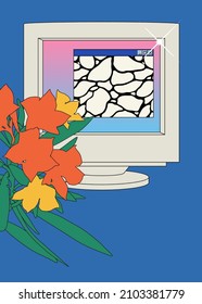 Retro vintage PC crt monitor and tropical flowers decoration, os windows with water ripples, vintage technology summer vibe illustration