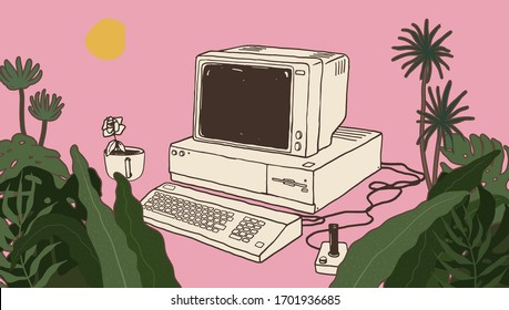 Retro vintage PC system with computer peripherals crt monitor, floppy disk, keyboard and game joystick and extra coffee cup, with pastel tropical leaves decoration, cute vintage illustration