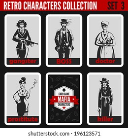 Retro Vintage People Collection. Mafia Noir Style. Gangsters, Boss, Doctor, Prostitute, Killer.  Professions Silhouettes.