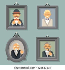 Retro Vintage Photo Frames Wealthy Victorian Gentleman Businessman Old Young Family Tree Stylish Lamp Background Great Britain Design Vector Illustration