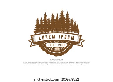 Retro Vintage Pine Cedar Spruce Evergreen Fir Hemlock Larch Cypress Trees Forest with Wood for Timber Logging Logo Design Vector