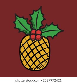 Retro Vintage Pineapple Vector – Christmas Pineapple with Holiday Leaves, Festive Illustration