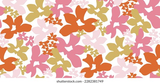 Retro vintage pink orange florals 70s seamless pattern. Bohemian print for fabrics. Vector illustration.