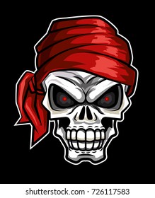 Retro vintage pirate skull head. Red bandana vector illustration with black background - vector