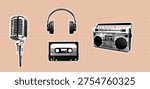 Retro vintage pop art comic style Nostalgic pop art illustration of classic music gear. Vintage radio player and silver microphone combined with headphones and analog cassette. Black and white cutout elements on peach grid background. Professional audio equipment collage for studio recording and broadcast design projects.