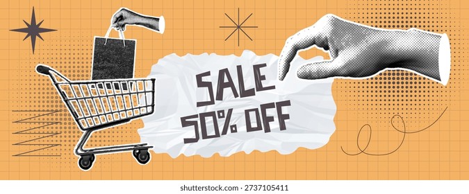 Retro vintage pop art, comic style halftone Collage sale banner social media cover, header design , shopping cart with bag and hand making offer vintage collage style illustration with retro elements