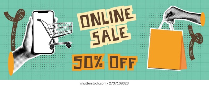 Retro vintage pop art, comic style halftone Collage sale banner social media cover, header design Online sale promotion with hand holding smartphone and shopping cart, shopping bag, dotted pattern