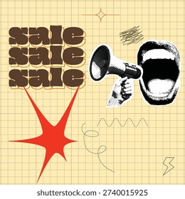 Retro vintage pop art comic style halftone collage social media post, ads, banner template design, paper cutout square flyer poster design Retro sale advertisement featuring stacked 'SALE' text, a megaphone, an open mouth, and various abstract elements on a grid paper background. This pop art and vintage style design is perfect for promoting special offers and discounts.