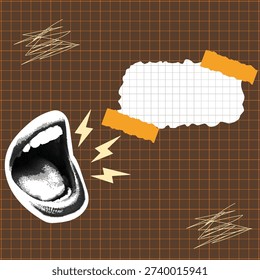 Retro vintage pop art comic style halftone collage social media post, ads, banner template design, paper cutout square flyer poster design Creative social media post template featuring halftone mouth shouting. Artistic paper cutout elements and lightning bolts on brown grid texture. Pop art style design for message or announcement. Square flyer layout with blank space for text. Modern collage artwork with retro aesthetic.