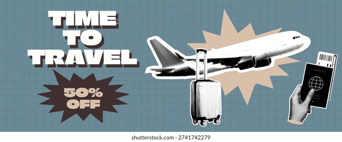Retro Vintage Pop Art Comic Style Halftone collage Travel Agency Banner Template for summer vacation banner Travel promotion banner featuring a taking off airplane, luggage, and a hand holding a passport and boarding pass. A prominent 50% off discount starburst highlights an exciting offer for journeys. Vintage-style elements for tourism and vacation advertising.