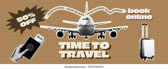 Retro Vintage Pop Art Comic Style Halftone collage Travel Agency Banner Template for summer vacation banner Compelling 
