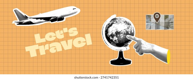 Retro Vintage Pop Art Comic Style Halftone collage Travel Agency Banner Template for summer vacation banner Travel concept collage with airplane, spinning globe, and map pointer for destination marking. Hand points to globe, suggesting exploration and adventure. Paper cutout style elements on a grid paper background create a dynamic and engaging visual for tourism and trip planning.