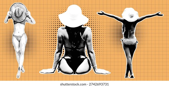 Retro vintage pop art comic style halftone collage travel agency banner for summer holiday vacation banner Stylish pop art halftone collage with three different poses of women in swimwear and summer hats. Summer vacation concept, beach style, and fashion. Retro vintage graphic style on orange grid pattern.