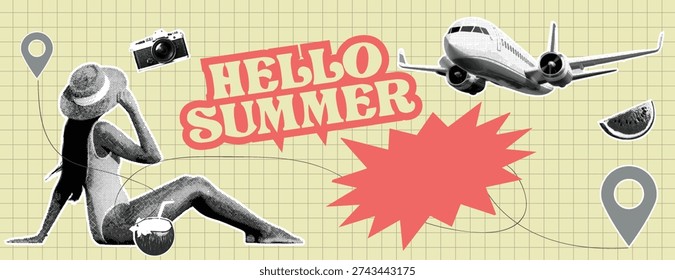 Retro vintage pop art comic style halftone collage summer holiday vacation banner and travel agency banner, paper cutout sticker Retro popart collage illustration depicting girl in swimsuit with coconut drink, airplane, camera, watermelon slice, and location pins. Image represents summer vacation planning, travel agency banner, holiday adventure, or tourism promotion on a grid paper background.