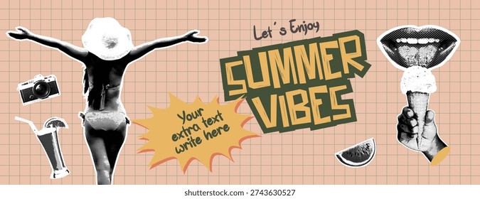 Retro vintage pop art comic style halftone collage summer holiday vacation banner Retro summer holiday cover featuring lady in sun hat with arms raised standing on grid background. Vintage popart collage elements include camera cocktail ice cream and watermelon slice. Paper cutout style graphic with halftone textures for social media header or travel agency marketing material.