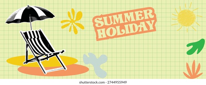 Retro vintage pop art comic style halftone collage summer holiday vacation banner paper cutout sticker Artistic summer vacation background featuring black and white deck chair under umbrella. Includes hand drawn sun and floral elements on green grid pattern. Creative travel agency template for social media headers. Paper cutout aesthetic with popart inspiration. Graphic illustration for tourism ads.