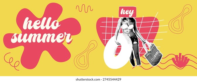 Retro vintage pop art comic style halftone collage summer holiday vacation, Travel and summer sale banner for social media cover header Modern collage art presenting hello summer. A woman wearing a bikini and holding a swim ring and a beach bag is featured on a bright yellow background. The composition includes red and black abstract shapes, squiggles, and a grid pattern, creating a trendy and energetic pop art vibe for vacation concepts.