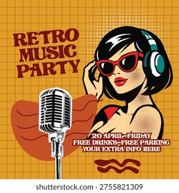 Retro vintage pop art comic style Dj Music party Social media post, banner, ads, template A fun retro music party invitation, featuring a woman in pop art comic style wearing headphones and sunglasses. Includes a vintage microphone, date, and free drinks offer. Ideal for social media posts, banners, and flyers promoting events.