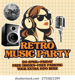 Retro vintage pop art comic style Dj Music party Social media post, banner, ads, template Retro music party invitation featuring a disco ball, speaker, vintage microphone, and a woman in pop art comic style. Includes event date and offers like free drinks and parking. Great for social media posts, banners, and event flyers.