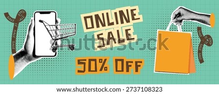 Retro vintage pop art, comic style halftone Collage sale banner social media cover, header design Online sale promotion with hand holding smartphone and shopping cart, shopping bag, dotted pattern