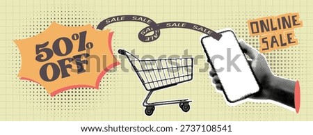 Retro vintage pop art, comic halftone Collage sale banner social media cover, header design Collage of shopping cart hand holding mobile phone and banner promoting online sale for ecommerce store