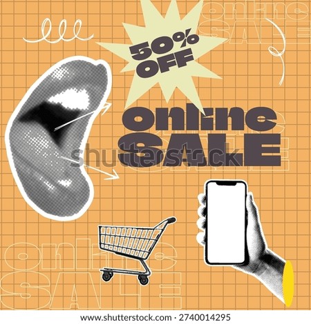 Retro vintage pop art comic style halftone collage social media post, ads, banner template design, paper cutout square flyer poster design Vibrant collage art for an online sale, featuring a halftone female mouth, a yellow starburst with 