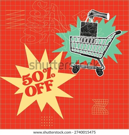 Retro vintage pop art comic style halftone collage social media post, ads, banner template design, paper cutout square flyer poster design Creative sale poster featuring shopping cart and hand holding shopping bag. Bright red grid background with halftone dot textures. Large fifty percent off starburst for retail promotion. Collage style elements with vibrant colors. Ideal for fashion marketing or social media advertising campaigns.