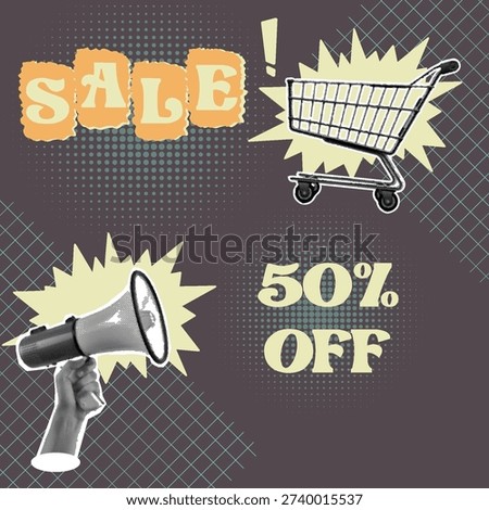 Retro vintage pop art comic style halftone collage social media post, ads, banner template design, paper cutout square flyer poster design Sale promotion banner template featuring shopping cart and megaphone graphics. Hand holding megaphone for big announcement. Fifty percent off discount offer for retail marketing. Retro paper cutout elements with halftone dot patterns on dark background. Creative social media advertising post layout.