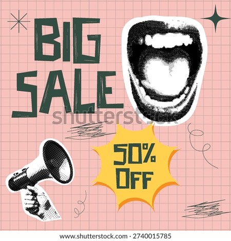 Retro vintage pop art comic style halftone collage social media post, ads, banner template design, paper cutout square flyer poster design Energetic big sale announcement featuring vintage elements. Includes shouting mouth, megaphone, and 50 percent off graphic. Perfect for promotional social media posts, ads, and flyers. Retro collage style with grid texture.