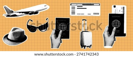 Retro Vintage Pop Art Comic Style Halftone collage, paper cutout Travel accessories or elements Template for a summer vacation banner, a collection of travel accessories including an airplane, a stylish hat, trendy sunglasses, two passports (one with a ticket), and a sleek suitcase. Each item is individually cut out against a plain orange background, ideal for various travel-themed designs.