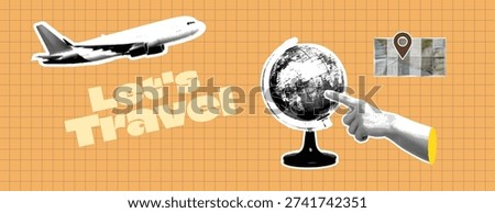 Retro Vintage Pop Art Comic Style Halftone collage Travel Agency Banner Template for summer vacation banner Travel concept collage with airplane, spinning globe, and map pointer for destination marking. Hand points to globe, suggesting exploration and adventure. Paper cutout style elements on a grid paper background create a dynamic and engaging visual for tourism and trip planning.