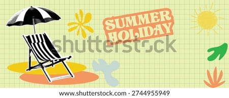 Retro vintage pop art comic style halftone collage summer holiday vacation banner paper cutout sticker Artistic summer vacation background featuring black and white deck chair under umbrella. Includes hand drawn sun and floral elements on green grid pattern. Creative travel agency template for social media headers. Paper cutout aesthetic with popart inspiration. Graphic illustration for tourism ads.