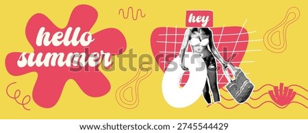 Retro vintage pop art comic style halftone collage summer holiday vacation, Travel and summer sale banner for social media cover header Modern collage art presenting hello summer. A woman wearing a bikini and holding a swim ring and a beach bag is featured on a bright yellow background. The composition includes red and black abstract shapes, squiggles, and a grid pattern, creating a trendy and energetic pop art vibe for vacation concepts.