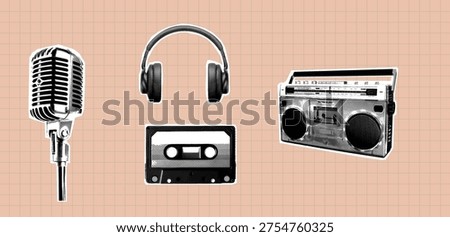 Retro vintage pop art comic style Nostalgic pop art illustration of classic music gear. Vintage radio player and silver microphone combined with headphones and analog cassette. Black and white cutout elements on peach grid background. Professional audio equipment collage for studio recording and broadcast design projects.