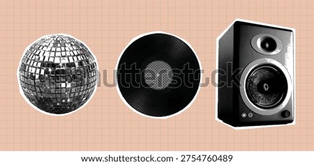 Retro vintage pop art comic style Isolated objects for music and entertainment on a light peach grid background. Image includes a reflective disco ball, a blank black vinyl record, and a dark grey speaker with a visible cone. All items are cut out with a white border.